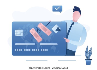 Confident businessman holds fixed and repaired credit card with bandage. Loan repayment. Process to fixing poor credit standing, recover from financial mistake or negotiate with lender. flat vector