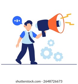 A confident businessman holds a megaphone to communicate strategic messages and drive motivation in business