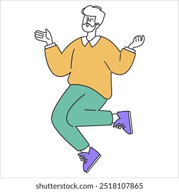 Confident businessman illustration. A stylized male figure in casual attire gestures mid-conversation, radiating leadership. Vector illustration.