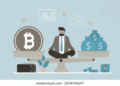 Confident businessman investor or trader balancing on scale with cash money and bitcoin. Investment portfolio with Bitcoin or cryptocurrency, buy or sell trading, crypto market exchange value. vector