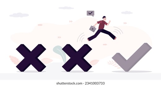 Confident businessman jumping from bad luck cross to check mark. Overcoming obstacles, moving towards success. Learning from mistakes, motivation to develop and move to success. Vision of opportunity.