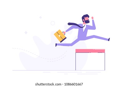 Confident businessman jumping over hurdle. Business concept of overcoming obstacles and achieving the goal. Vector illustration.