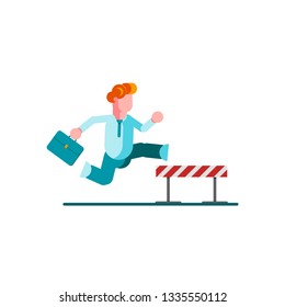 Confident businessman jumping over hurdle. Business concept of overcoming obstacles and achieving the goal. Vector illustration. - Vector illustration
