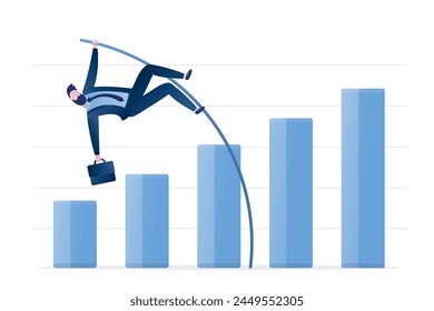 Hombre de negocios confiado saltando la bóveda del poste sobre el gráfico de la barra de crecimiento. Crecimiento empresarial, mejora o aumento porcentual alto de ganancias y beneficios. Ganar dinero. Logro financiero. Ilustración vectorial