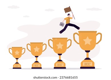 Confident businessman jumping from small win trophy to get bigger one, step by step to achieve bigger goal. Motivation, strategy or inspiration to success, victory or win award concept. flat vector