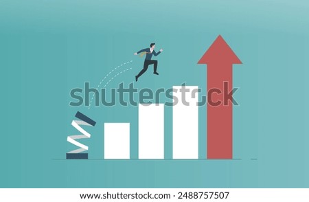 Confident businessman jumping from springboard to back to the top of growing bar graph, stock market rise, highest point, economic prosperity, business profit growth