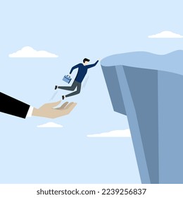 Confident businessman jumps from helping giant hand to reach cliff target. Support in business for success, guidance and motivation to overcome business obstacles, career growth concept.