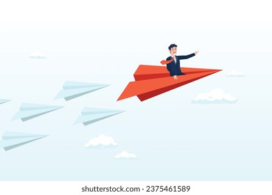 Confident businessman lead other paper airplane origami, leadership to guide team direction lead to success, determination or decision to motivate team, power to control or influence people (Vector)