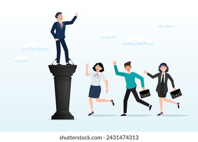 Confident businessman leader pointing finger for colleagues to follow, thought leadership, CEO or executive position who guide company direction, leading business forward or guiding direction (Vector)