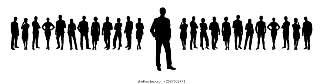 Confident businessman leader standing in front of business people vector silhouette.	