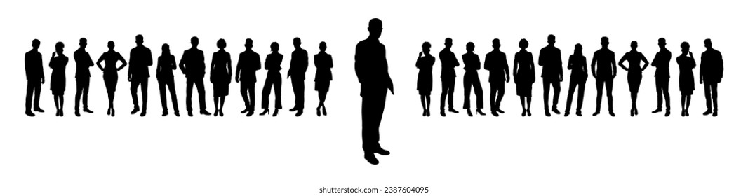 Confident businessman leader standing in front of business people vector silhouette.	