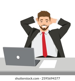 Confident businessman leans back, Relaxation at his desk with a laptop in front of him. Flat vector illustration isolated on white background