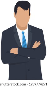 Confident businessman in office outfit. Avatar man in dark suit and tie isolated on white standing with his arms crossed. Serious business person vector male character, chief in half height icon