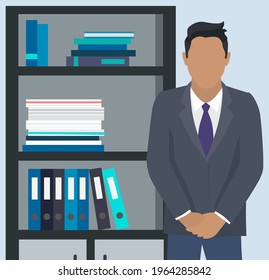 Confident businessman in office outfit. Avatar man in dark suit and tie isolated on white standing with his arms crossed. Serious business person vector male character, chief in half height icon