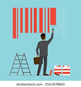 Confident businessman painting bar code, brand design creation process. Company identity, build your personal brand concept, trademark promotion. Business marketing. Re branding. vector illustration