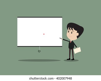 Confident businessman pointing to a blank screen at a presentation
