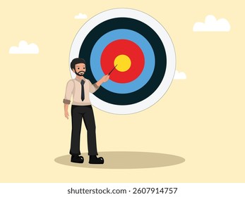 Confident Businessman Pointing at Bullseye Target Concept of Goal Achievement, Strategic Planning, and Business Success.