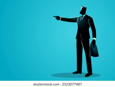 Confident businessman pointing forward while holding a briefcase, symbolizing leadership, direction, and ambition. Perfect for career growth and motivational contents