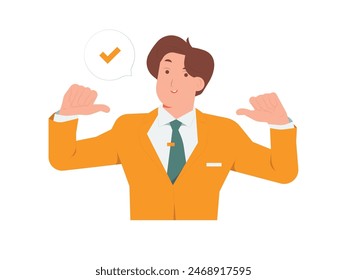 Confident businessman pointing himself with both hands, expressing positive sense of self assurance, high self esteem concept illustration