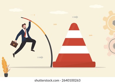 Confident businessman pole vault over warning road cone. Successful overcoming restrictions, failure and ban. Giant road cone, alert sign. Do not give up, motivation to success. vector illustration