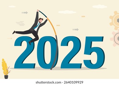 Confident businessman pole vaulting crossover crisis valley. Entrepreneur jumping over 2025 year with pole. Way forward, Successful overcoming obstacles of year, concept. Achieving success. vector
