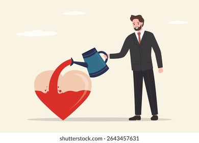 Confident businessman pouring water to fulfill heart shape metaphor of passion. Mindset or attitude to work - we love to do. Work passion, motivation to success and win business competition. vector