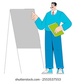 Confident businessman presenting concept. Professional male in casual attire with chart ready for strategic discussion. Planning, leadership, and corporate training. Vector illustration.