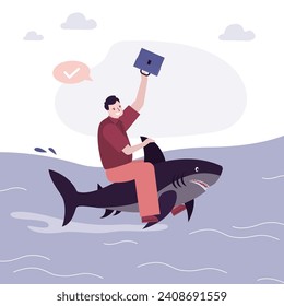 Confident businessman riding huge dangerous shark, professional entrepreneur or trader fight with predator, risk management, overcoming obstacles and troubles. Successful business man. Cartoon vector