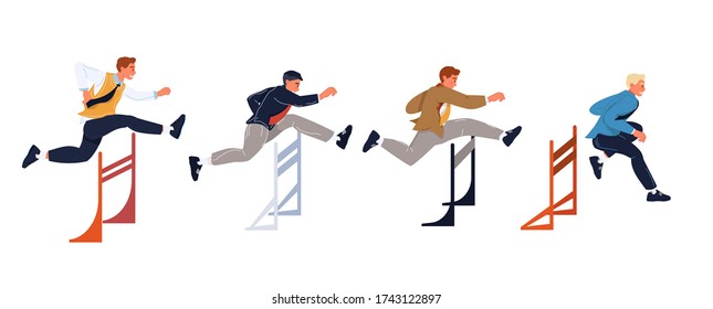 Confident businessman running risk jumping over gap conquering overcoming obstacles. Hurdling competition, business challenge. Leadership, overcoming difficulties. Successful work, career achievement