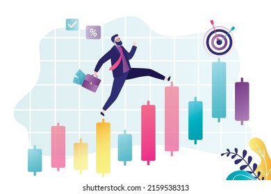 Confident businessman runs on a growing graph towards the goal. Male investor successfully trades in the stock market or forex. Profit, return on investment. Flat vector illustration