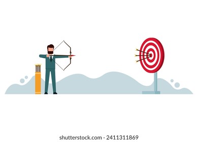 A confident businessman shoots an arrow at a target. Ambitious and challenging to succeed in business. Career development and motivation to achieve great goals or goals concept. Vector illustration