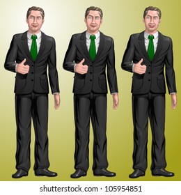 Confident businessman showing thumbs up, 3 facial expressions