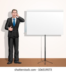 Confident businessman showing thumbs up while talking on the phone next to paper presentation board