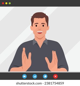 Confident businessman is sitting at table with laptop and looking at camera recording business training. Flat vector illustration isolated on white background