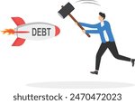 Confident businessman smashes burden of debt using hammer. Successful male entrepreneur starts making profit. Rockets of taxes, bills. Financial independence concept. Lack of debts, loans. Flat Vector