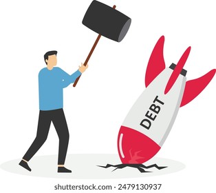 Confident businessman smashes burden of debt using hammer. Successful male entrepreneur starts making profit. Rockets of taxes, bills. Financial independence concept. Lack of debts, loans. Flat Vector