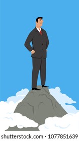 Confident businessman standing alone on top of the mountain, EPS 8 vector illustration