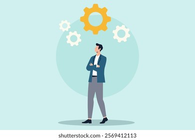 Confident businessman standing amidst gear icons, symbolizing strategic planning, innovation, and problem-solving in a corporate environment.