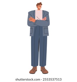 Confident businessman standing with arms crossed. Leadership and professional success in a corporate career. Casual business attire. Vector illustration.