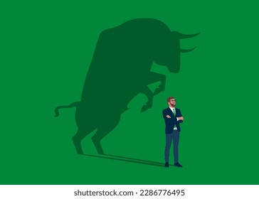 Confident businessman  standing bull shadow concept illustration. Trade exchange, green bull. Global economy boom. Modern vector illustration in flat style