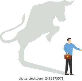 Confident businessman standing bull shadow concept illustration. Trade exchange, green bull. Global economy boom. Modern vector illustration in flat style

