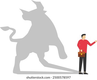 Confident businessman standing bull shadow concept illustration. Trade exchange, green bull. Global economy boom. Modern vector illustration in flat style

