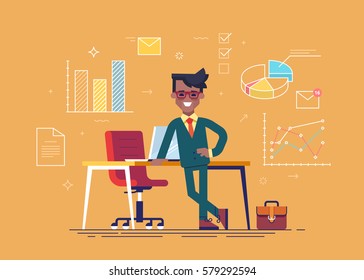 Confident businessman standing cross-legged leaning on a table with business process icons and infographics on background.Vector illustration.