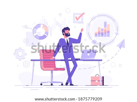 Confident businessman standing cross-legged leaning on a table with business process icons and infographics on background. Business charts and diagrams. Vector illustration.