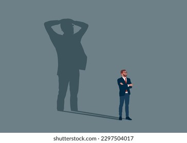 Confident businessman standing with fear shadow. Lack of self confidence at work. Impostor syndrome problem. Flat vector illustration.