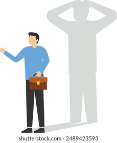 Confident businessman standing with fear shadow. Lack of self confidence at work. Impostor syndrome problem. Flat vector illustration.

