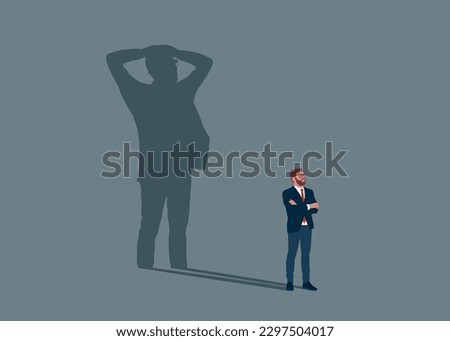 Confident businessman standing with fear shadow. Lack of self confidence at work. Impostor syndrome problem. Flat vector illustration.