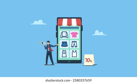 Confident businessman standing in front of his online shop to promote his shop, business owner and entrepreneur start small business or retail shop, open store front or online shop.