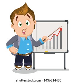 Confident businessman standing next to flipchart and pointing to diagram by hand. Sales growth, increase in revenues, financial results improvement concept. Vector cartoon isolated on white.