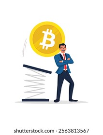 Confident businessman standing next to a spring-launched Bitcoin, symbolizing cryptocurrency growth and investment potential. Perfect for finance and cryptocurrency-related projects